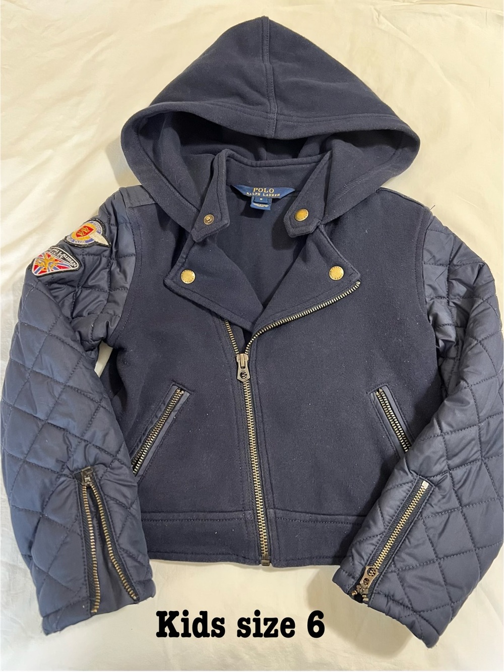 Polo by Ralph Lauren Navy Quilted Hooded Kids Moto Style Jacket, size 6